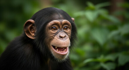 Close-up portrait of a young chimpanzee smiling with teeth, against a natural green foliage background, representing primate intelligence and nature
