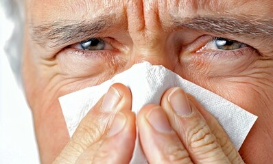 Close-up portrait of a mature man with gray hair and blue eyes blowing his nose with a white tissue, showing discomfort and pain on a bright white background, concept of seasonal flu and senior health