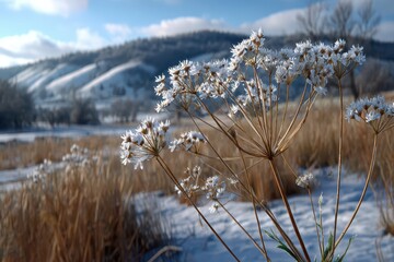 Frosted dried plants in a sunlit winter field with snow-covered hills.