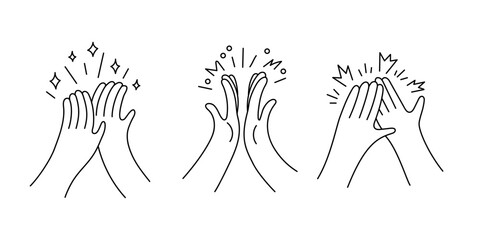 Hands giving high five with sparkle effect doodle line set. Hand clap, applause. Outline hand drawn icons for applause gesture and teamwork success concept. Vector illustration