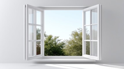 Open White Window Framing Scenic Green Trees Against Clear Blue Sky in Bright Room Interior
