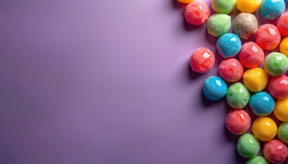 Obraz premium Bright colorful round candies lie on purple background. Sweets sugared, others shiny. Playful mix creates vibrant food border. Kids love sweet treats for fun desserts, parties, holiday celebrations.