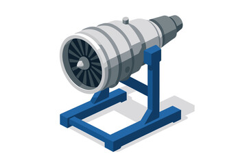 Isometric jet engine model on stand isolated on white background