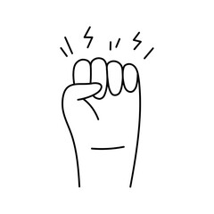 Hand clenched into fist with sparks around it, doodle line. Fist as strength and determination. Protest and revolution concept. Vector illustration