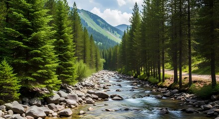 Serene mountain landscape with a flowing river through a dense pine forest