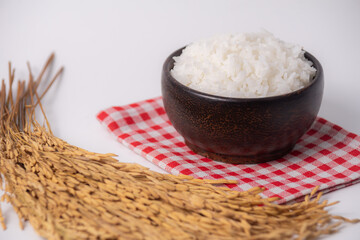 White rice in wooden bowl on white background, Rice from asia, Rice food of asian style