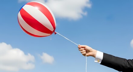A businessman in a sleek suit holds a vibrant red and white striped balloon against a bright blue sky, symbolizing celebration, achievement, and corporate success in a dynamic atmosphere.