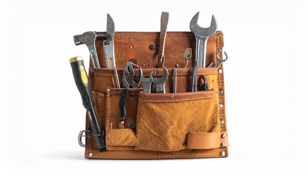 Brown Leather Tool Bag with Hand Tools for Construction and Repair Work