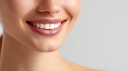 Obraz premium Close-Up of a Smiling Woman's Face Highlighting Healthy Teeth and Radiant Skin Against a Neutral Background