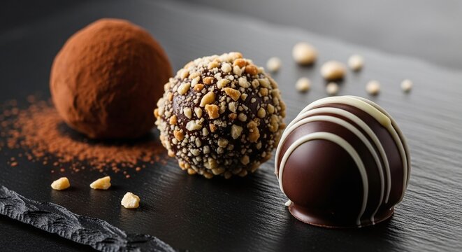 chocolate truffles on dark slate plate