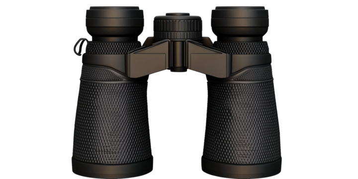 Black Binoculars with Textured Grips and Adjustable Focus Wheel, cut out transparent