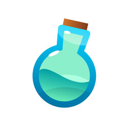 Transparent Blue Potion Bottle with Cork Stopper and Aqua Liquid Inside Digital Illustration on White Background