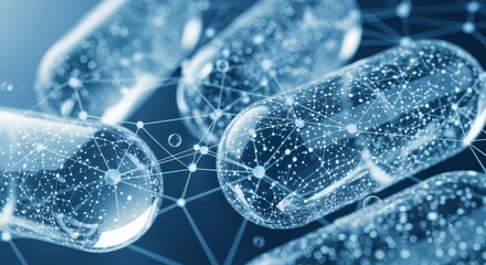 Conceptual capsules of futuristic medicine connecting through digital networks showcase advanced pharmaceutical technology with a focus on scientific advancement and healthcare innovations