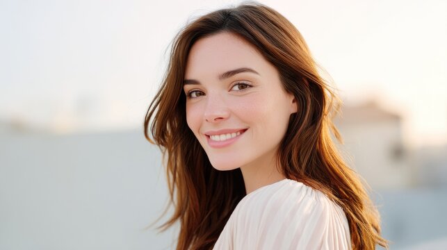 Beautiful young woman with long brown hair smiling warmly outdoors in soft natural light against a peaceful background