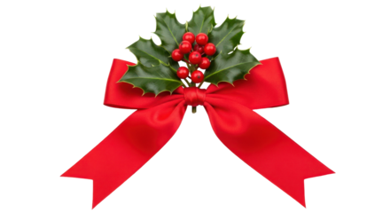 Festive Holiday Embellishment: A vibrant red ribbon, adorned with lush green holly leaves and bright red berries, is artfully arranged as a symbol of joyous celebration and seasonal beauty.