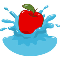 A Bright Red Apple Splashes into Clear Blue Water Creating Dynamic Ripples and Droplets on a Transparent Background