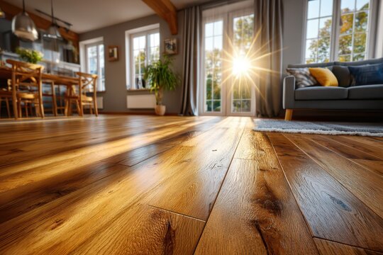 Warm sunlight illuminates a beautiful hardwood floor in a modern open-plan home interior.