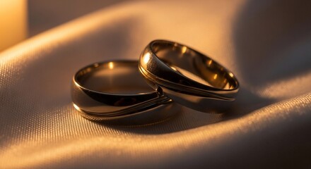 Two wedding rings on satin fabric marriage concept