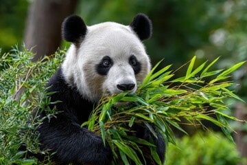Adorable giant panda enjoying a meal of vibrant green bamboo foliage, wildlife portrait.