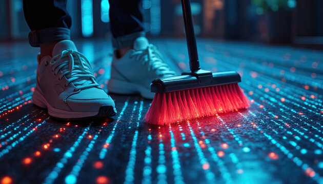 Person uses broom to clean digital data floor. Glowing bristles sweep neon code and data packets. Futuristic abstract tech concept for data cleansing.
