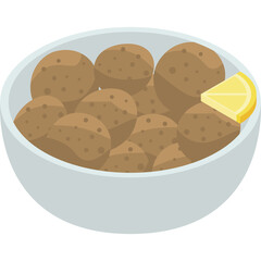 A Bowl of Brown Meatballs with a Lemon Wedge Garnish on a Transparent Background