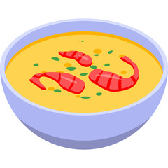 A Bowl of Creamy Yellow Soup with Three Pink Shrimp and Chopped Green Herbs in Isometric Style Isolated on Transparent Background