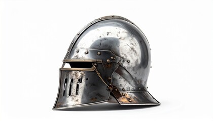Polished steel medieval close helmet with visor eye slits ventilation holes and riveted seams for editorial historical photography combat gear and armor evolution-themed visuals