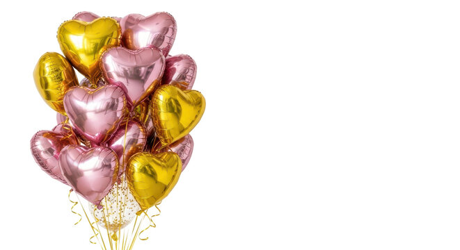 Golden and Pink Heart Balloons: A cluster of heart-shaped balloons, some gleaming gold, others a soft pink, float together. They symbolize love, celebration, and joy.