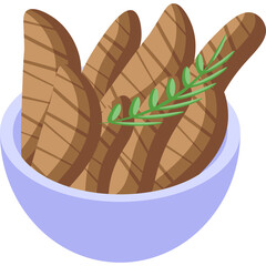 A Bowl of Grilled Steak Slices with a Sprig of Rosemary Isolated on a White Background