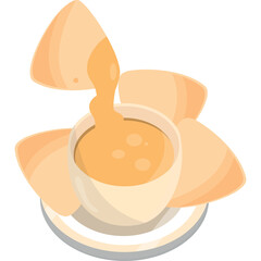 A bowl of golden cheese sauce with tortilla chips arranged around it and one chip dipping into the sauce with a transparent background