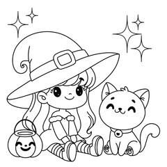 Cute Witch and Cat Halloween Friends Coloring Page