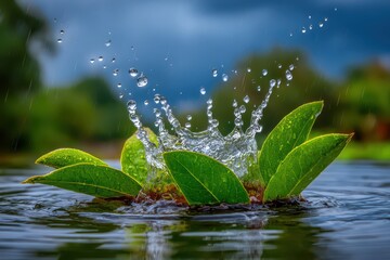 Dynamic water splash around fresh green leaves during a refreshing rain shower