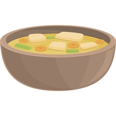 A bowl of steaming yellow soup with tofu carrots and green beans in a rustic brown bowl isolated on a transparent background illustration