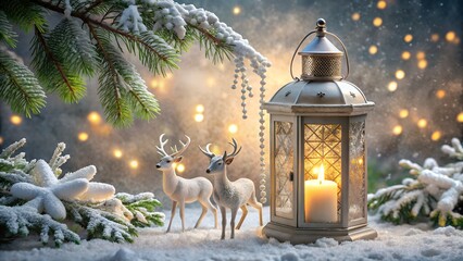 Enchanting winter scene with a vintage lantern and two white deer statues surrounded by snow covered pine branches and soft bokeh lights