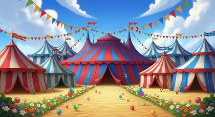 Step right up to the carnival where red and blue striped tents invite you to experience the magic and wonder under a beautiful blue sky adventure