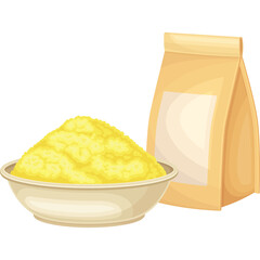 A Bowl of Yellow Grains Next to a Kraft Paper Bag With a Blank Label and Transparent Background Isolated Food Ingredient