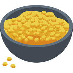 A Bowl of Yellow Lentils and Grains In A Dark Gray Bowl Isolated On A Transparent Background With Scattered Grains Nearby Representing Healthy Food and Nutrition