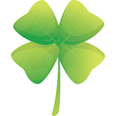A bright green four leaf clover with gradient coloring and vein details on a transparent background symbolizing good luck and fortune in nature