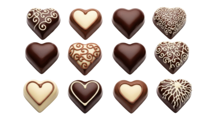 Heartfelt Chocolates: Exquisite heart-shaped chocolates arranged in a grid, offering a delightful selection of flavors and intricate designs, perfect for indulgence or gifting.