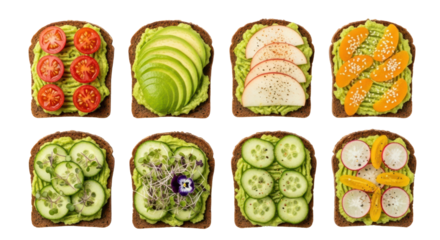 Avocado Toast Variety: A delightful array of artisan toast slices, each adorned with a unique blend of fresh, vibrant toppings, showcasing the versatility of avocado and culinary artistry.