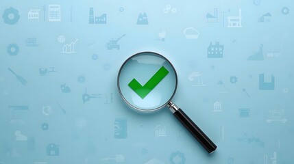 Magnifier with check mark among industrial and food icons on blue