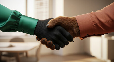 Professional photographic style scene of an anthropomorphic animal business handshake in an office