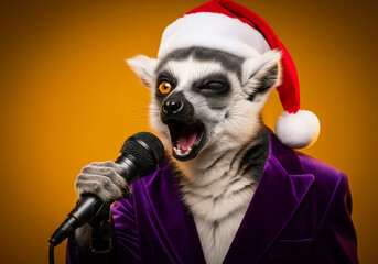 Charismatic photographic style portrait of an anthropomorphic lemur in a santa hat singing into a microphone