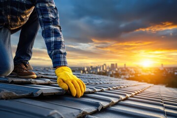 Roofer working on roof at sunset with protective gloves and a blue plaid shirt, inspecting quality, new construction work, beautiful city landscape on background.