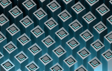 Futuristic Digital Grid of Black and Cyan Cubes in Isometric 3D Perspective