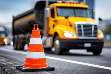 A bright orange safety cone with white stripes sits near a road, with a large yellow truck blurred in the background, suggesting road construction or maintenance ahead.