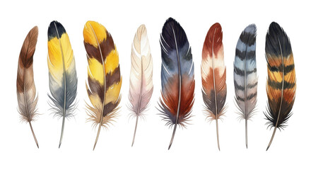 Feather Palette: A collection of meticulously detailed bird feathers, each displaying unique patterns and hues, arranged in a row. A celebration of natural artistry and avian diversity.