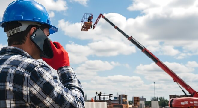 Construction worker in blue hard hat talking on smartphone near aerial lift boom at building site