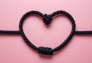 thick black rope tied in elegant heart knot, flat lay on pastel pink background