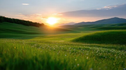 Obraz premium Serene Sunrise Over Rolling Green Hills and Vibrant Meadow Flowers in a Tranquil Landscape